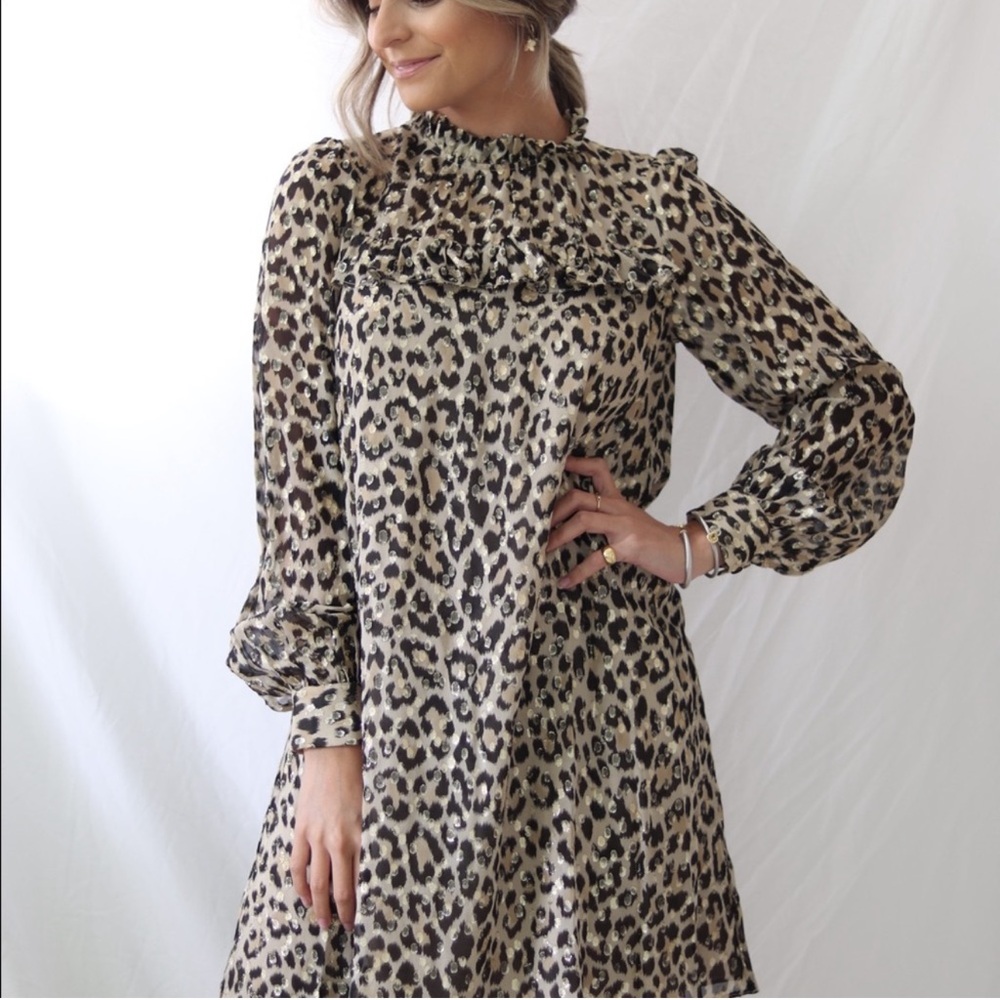 Kate Spade Metallic Leopard Print Clipped Dot Ruffle Mini Dress - Picture 3 of 11